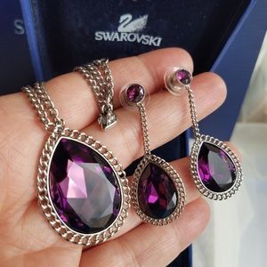 AUTHENTIC Swarovski Large Magenta Purple Teardrop Necklace & Earrings SET